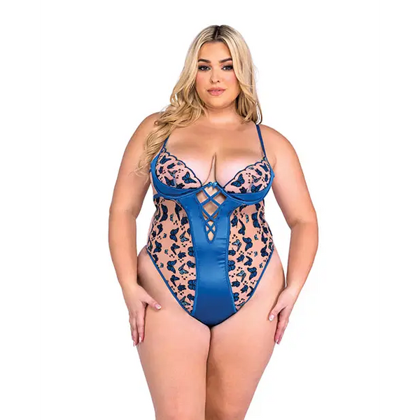 Butterfly Beauty Embroidered Teddy - Blue 2X - Lingerie - Plus/Queen - Hanging