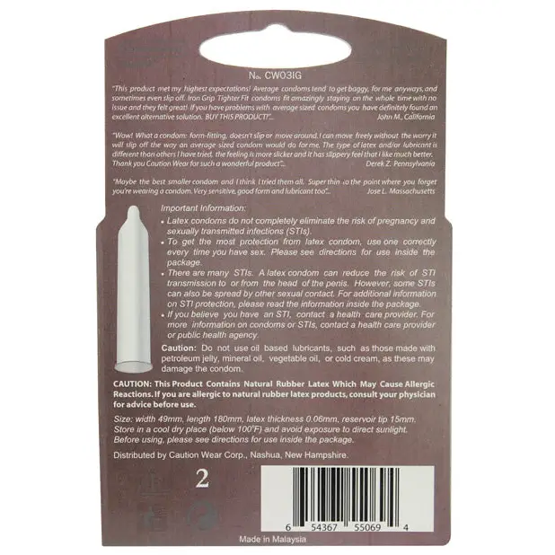 Caution Wear Iron Grip Snug Fit - Pack of 3 - Condoms