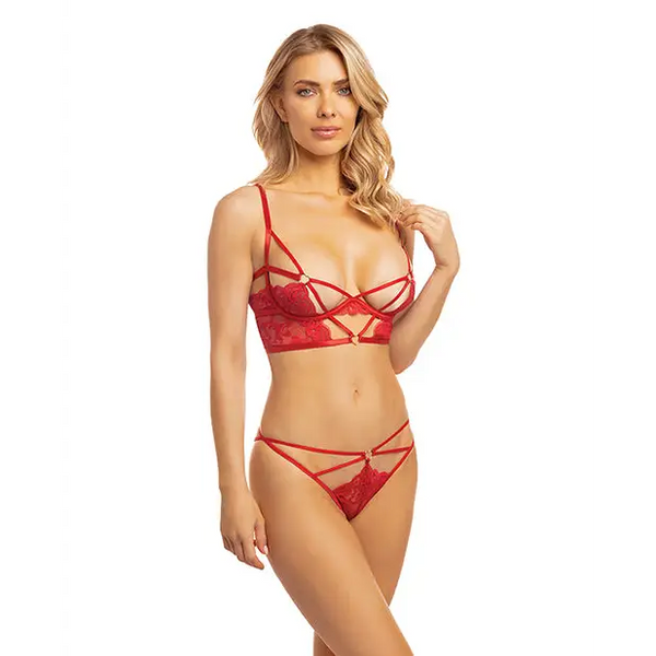 Cherry Strappy Lace Unlined Underwire Bra w/Heart Ring Detail & Panty Red SM