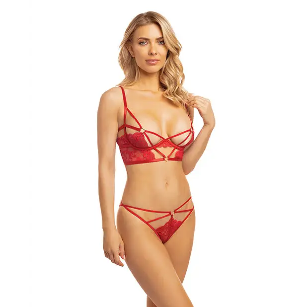 Cherry Strappy Lace Unlined Underwire Bra w/Heart Ring Detail & Panty Red XL