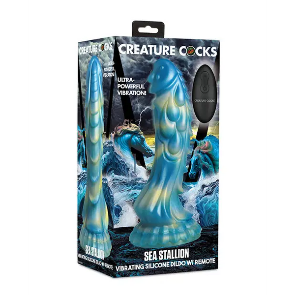 Creature Cocks Sea Stallion Vibrating Dildo w/ Remote - Blue/Yellow - Dongs & Dildos