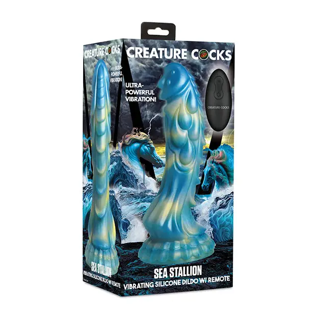 Creature Cocks Sea Stallion Vibrating Dildo w/ Remote - Blue/Yellow - Dongs & Dildos