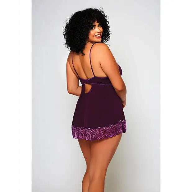 Cross Dye Lace & Microfiber Babydoll & G-String Purple 1X - Lingerie - Plus/Queen - Hanging