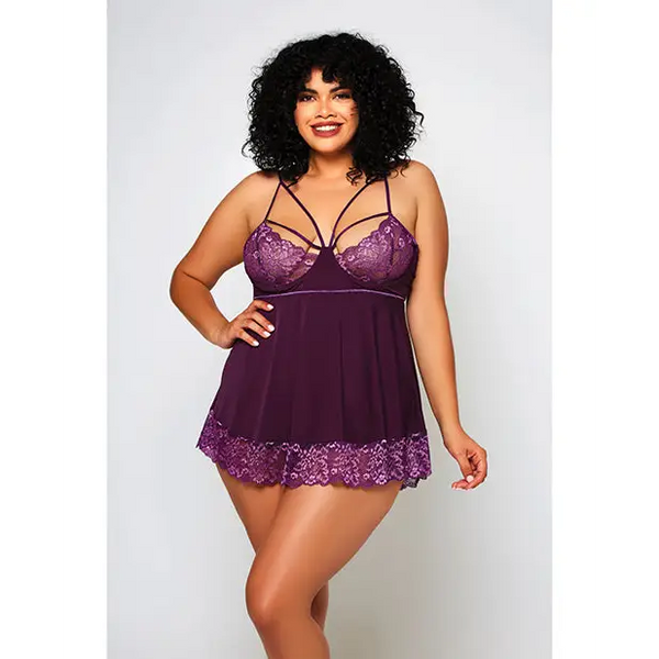 Cross Dye Lace & Microfiber Babydoll & G-String Purple 2X - Lingerie - Plus/Queen - Hanging