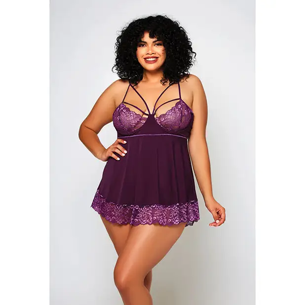 Cross Dye Lace & Microfiber Babydoll & G-String Purple 2X - Lingerie - Plus/Queen - Hanging