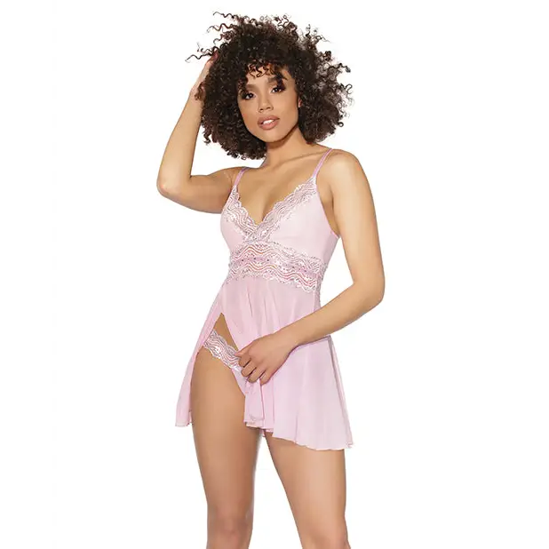 Crystal Pink Babydoll w/Lightly Padded Cups & Thong Pink/Silver LG - Lingerie - Hanging
