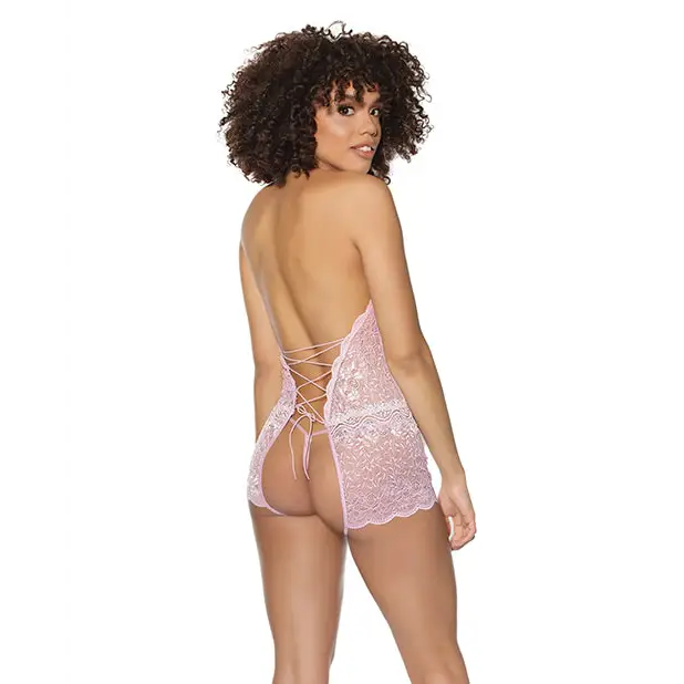 Crystal Pink Halter Crotchless Teddy Pink/Silver O/S - Lingerie - Hanging