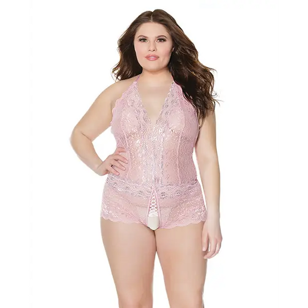 Crystal Pink Halter Crotchless Teddy Pink/Silver OS/XL - Lingerie - Plus/Queen - Hanging