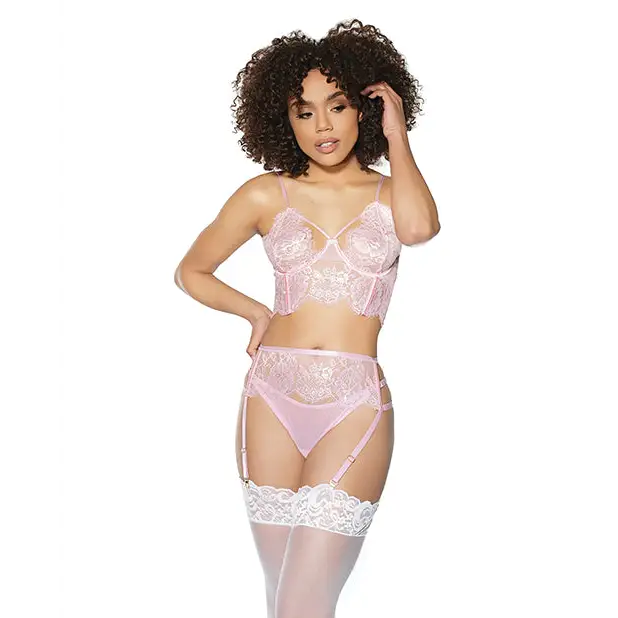 Crystal Pink Longline Bra Garter Belt & Panty Pink SM - Lingerie - Hanging