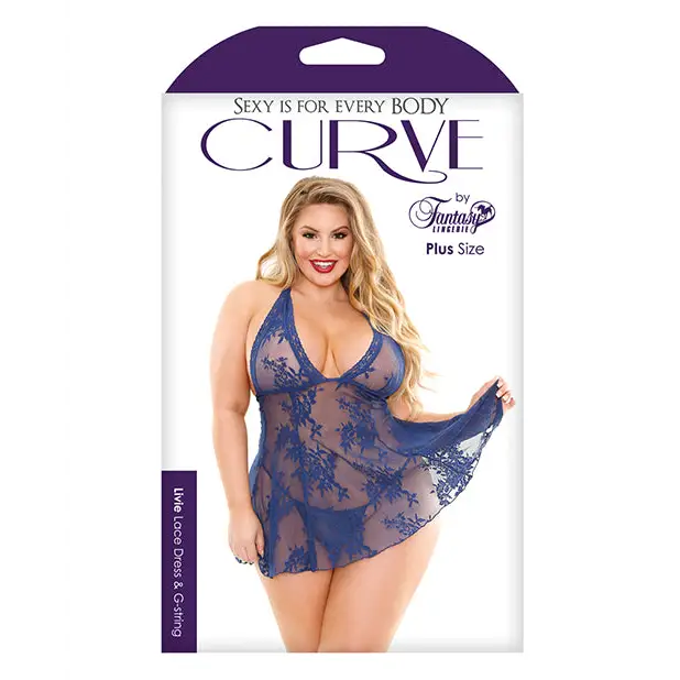 Curve Livie Lace Chemise & G-String Navy 1X/2X - Lingerie - Plus/Queen - Packaged