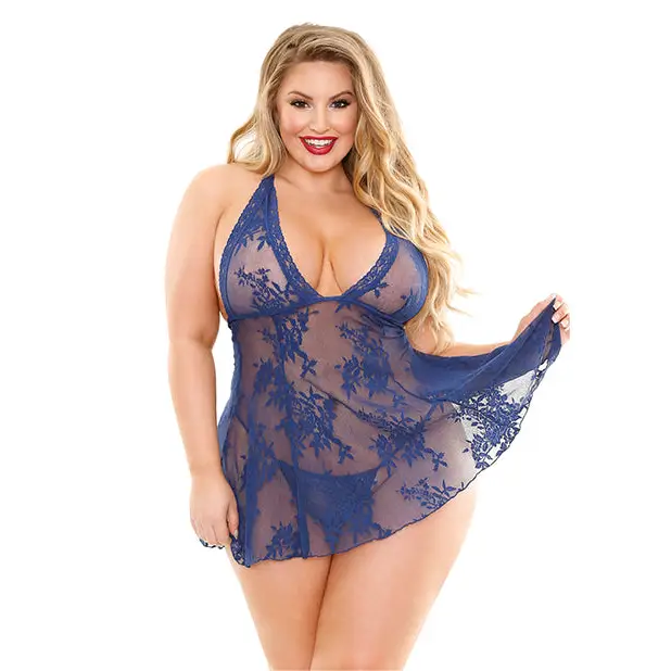 Curve Livie Lace Chemise & G-String Navy 3X/4X - Lingerie - Plus/Queen - Packaged
