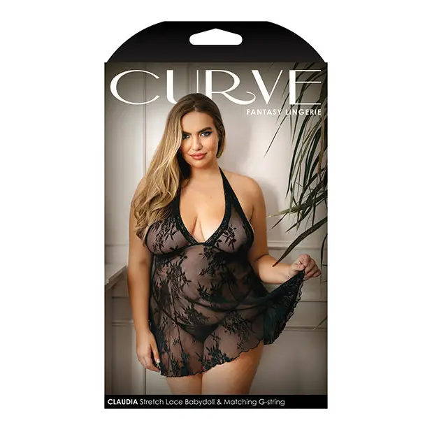 Curve Stretch Lace Chemise & Matching G-String Black 1X/2X - Lingerie - Plus/Queen - Packaged