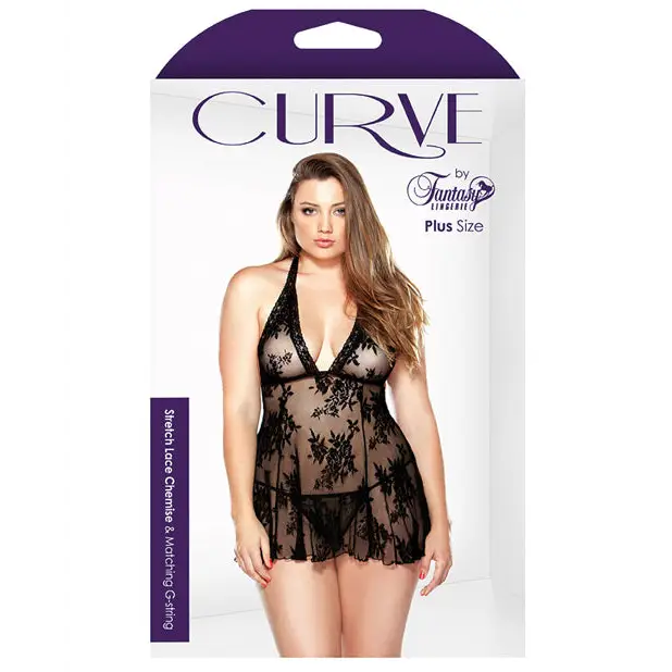 Curve Stretch Lace Chemise & Matching G-String Black 3X/4X - Lingerie - Plus/Queen - Packaged