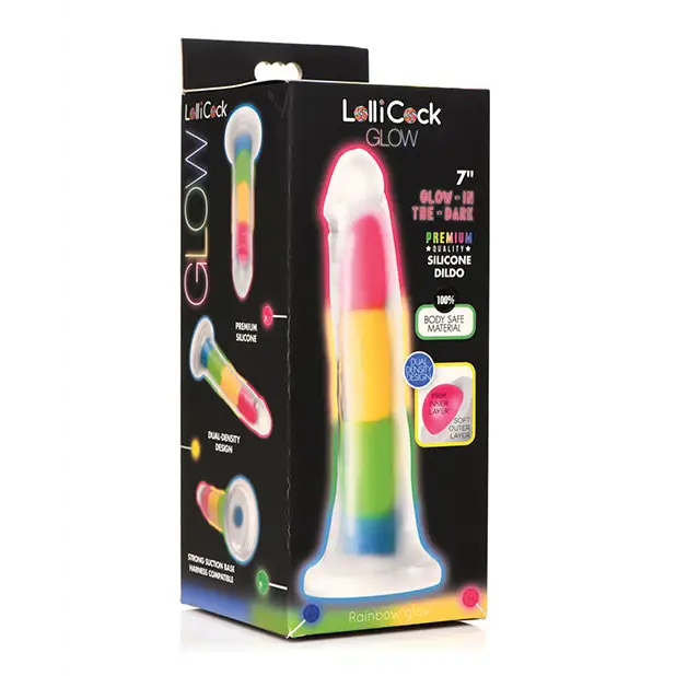 Curve Toys Lollicock 7’’ Glow In The Dark Silicone Dildo - Rainbow - Dongs & Dildos