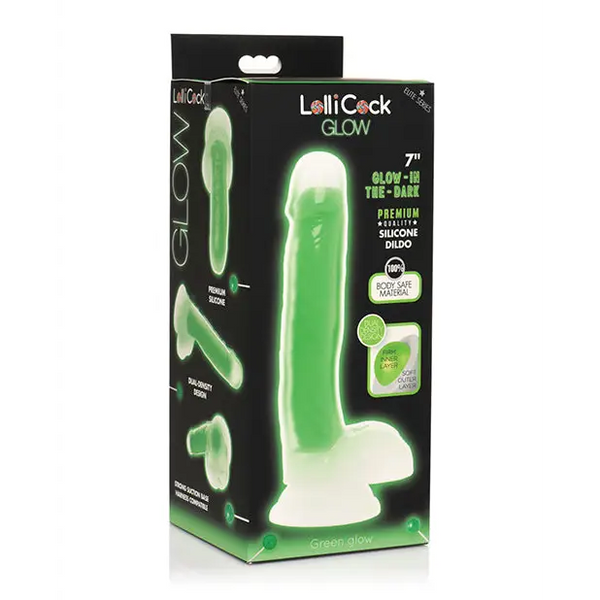 Curve Toys Lollicock 7’’ Glow In The Dark Silicone Dildo w/Balls - Green - Dongs & Dildos