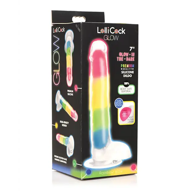 Curve Toys Lollicock 7’’ Glow In The Dark Silicone Dildo w/Balls - Rainbow - Dongs & Dildos