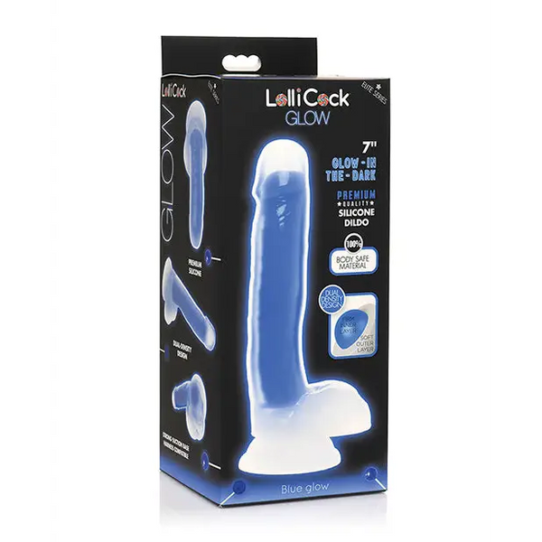 Curve Toys Lollicock 7’’ Glow In The Dark Silicone Dildo w/Balls - Blue - Dongs & Dildos