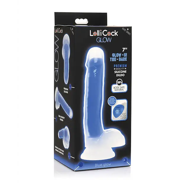 Curve Toys Lollicock 7’’ Glow In The Dark Silicone Dildo w/Balls - Blue - Dongs & Dildos
