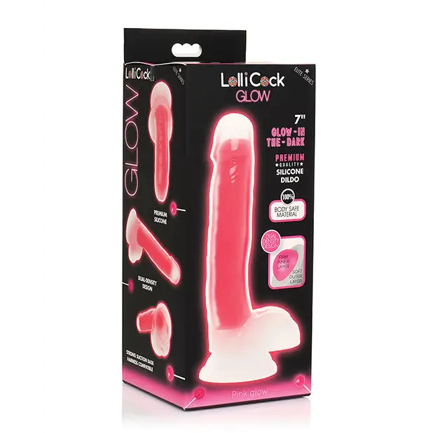 Curve Toys Lollicock 7’’ Glow In The Dark Silicone Dildo w/Balls - Pink - Dongs & Dildos
