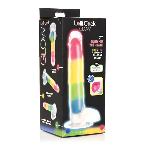 Curve Toys Lollicock 7’’ Glow In The Dark Silicone Dildo w/Balls - Rainbow - Dongs & Dildos