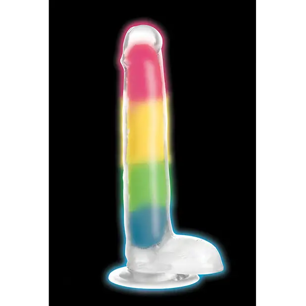 Curve Toys Lollicock 7’’ Glow In The Dark Silicone Dildo w/Balls - Rainbow - Dongs & Dildos