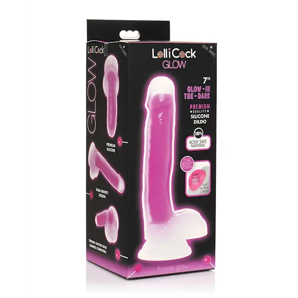 Curve Toys Lollicock 7’’ Glow In The Dark Silicone Dildo w/Balls - Purple - Dongs & Dildos