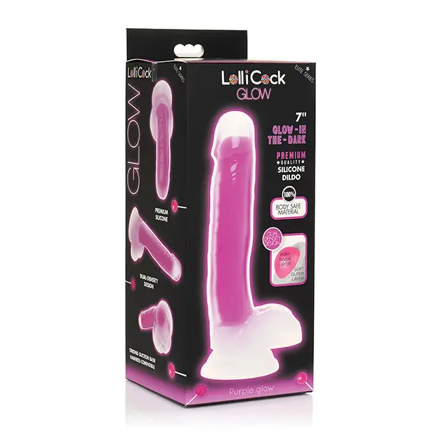 Curve Toys Lollicock 7’’ Glow In The Dark Silicone Dildo w/Balls - Purple - Dongs & Dildos