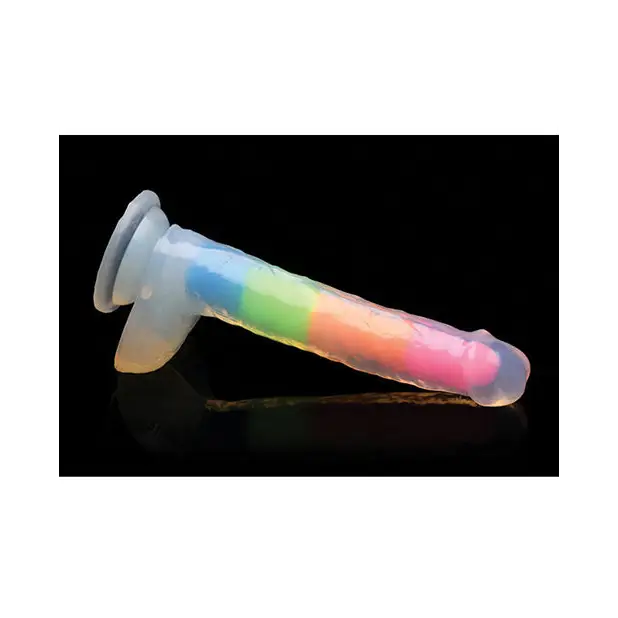 Curve Toys Lollicock 7’’ Glow In The Dark Silicone Dildo w/Balls - Rainbow - Dongs & Dildos