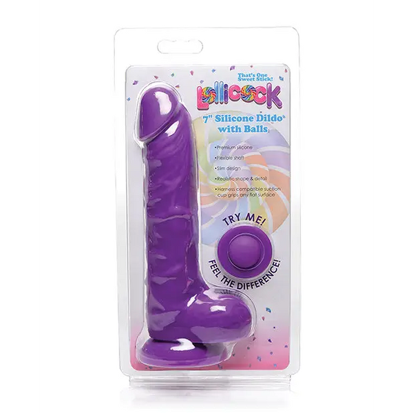 Curve Toys Lollicock 7’’ Silicone Dildo w/Balls - Grape - Dongs & Dildos