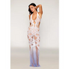 Deep Plunge Halter Seamless Bodystocking Gown w/Lace and Fishnet - White/Lavender O/S - Lingerie - Packaged