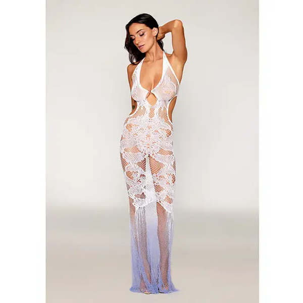 Deep Plunge Halter Seamless Bodystocking Gown w/Lace and Fishnet - White/Lavender O/S - Lingerie - Packaged