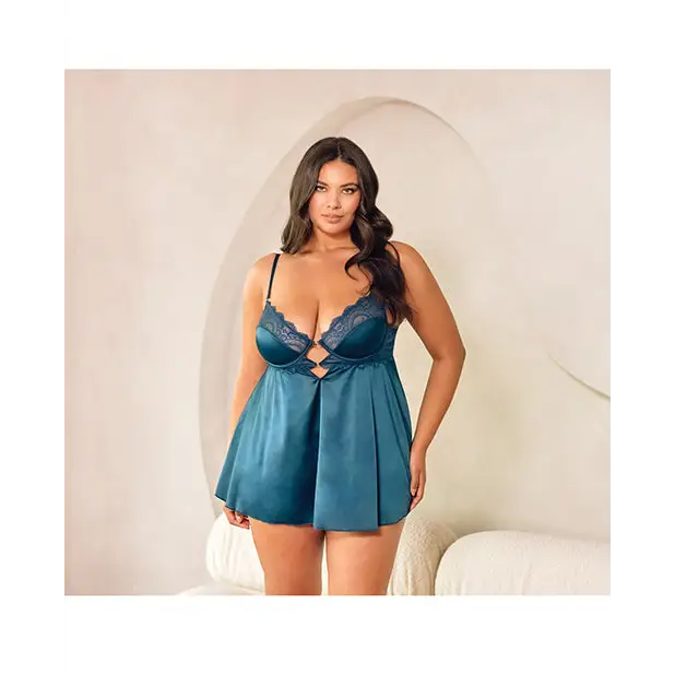 Diana Satin & Lace Babydoll w/Ring & Keyhole Detail Reflecting Pond 2X - Lingerie - Plus/Queen - Hanging