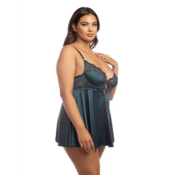Diana Satin & Lace Babydoll w/Ring & Keyhole Detail Reflecting Pond 2X - Lingerie - Plus/Queen - Hanging