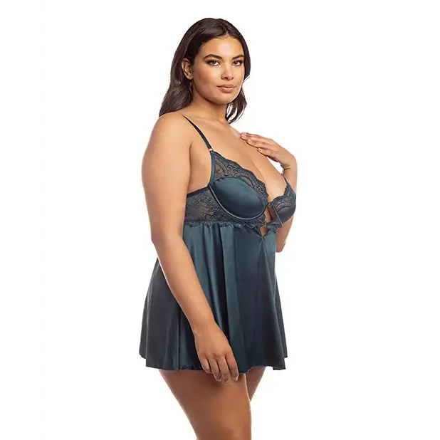 Diana Satin & Lace Babydoll w/Ring & Keyhole Detail Reflecting Pond 2X - Lingerie - Plus/Queen - Hanging