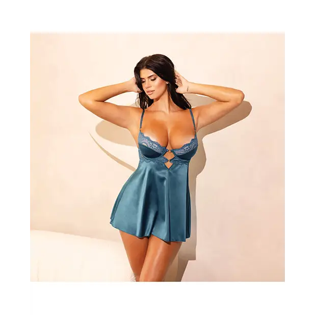 Diana Satin & Lace Babydoll w/Ring & Keyhole Detail Reflecting Pond MD - Lingerie - Hanging