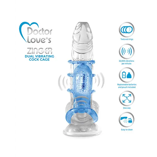 Doctor Love’s Zinger Dual Vibrating Cock Cage - Blue - Penis Enhancement