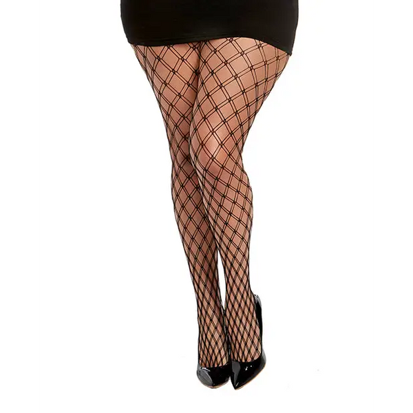 Double Knitted Fence Net Pantyhose - Black QN - Lingerie - Plus/Queen - Packaged