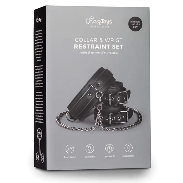 Easy Toys Faux Leather Collar w/Handcuffs - Black - Bondage Blindfolds & Restraints