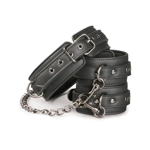 Easy Toys Faux Leather Collar w/Handcuffs - Black - Bondage Blindfolds & Restraints