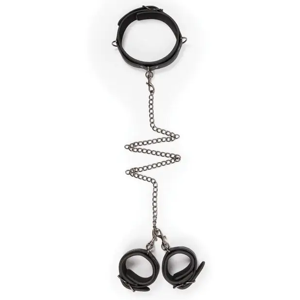 Easy Toys Faux Leather Collar w/Handcuffs - Black - Bondage Blindfolds & Restraints