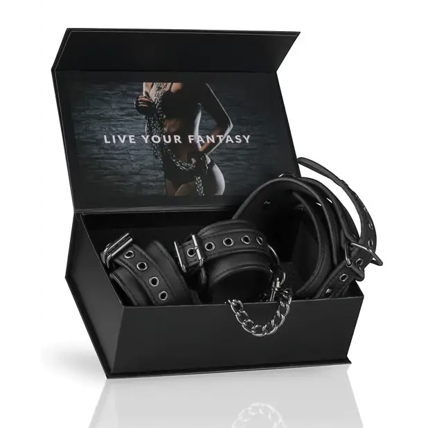 Easy Toys Faux Leather Collar w/Handcuffs - Black - Bondage Blindfolds & Restraints