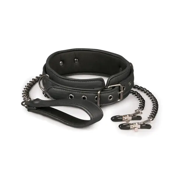 Easy Toys Faux Leather Collar w/Nipple Chains - Black - Bondage Blindfolds & Restraints