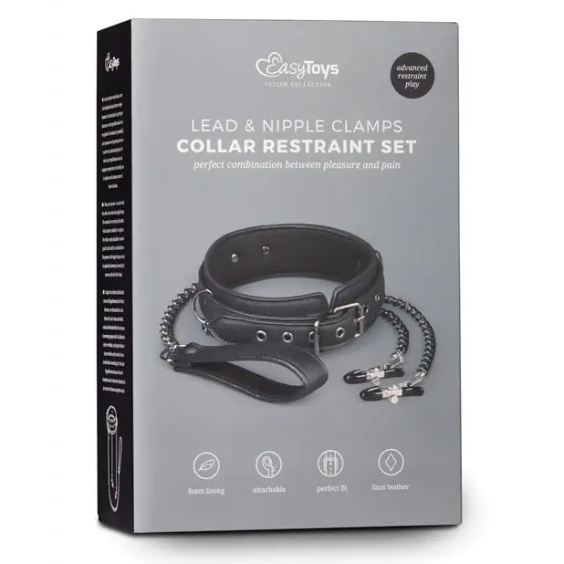 Easy Toys Faux Leather Collar w/Nipple Chains - Black - Bondage Blindfolds & Restraints