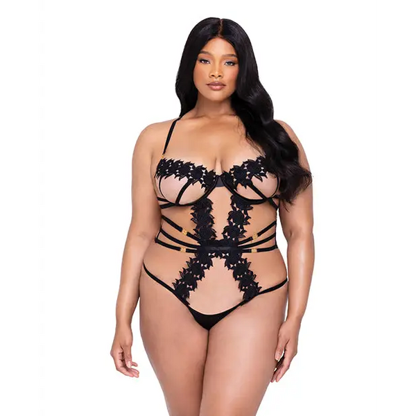 Ebony Rose Floral Guipure Lace Trim Teddy Black 2X - Lingerie - Plus/Queen - Hanging