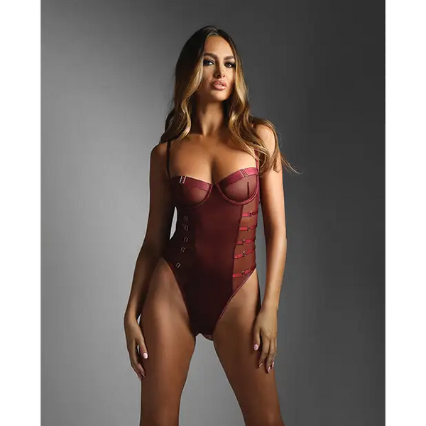 Edge Crotchless Underwire Mesh Teddy w/ Strappy Open Back - Burgundy S/M - Lingerie - Packaged