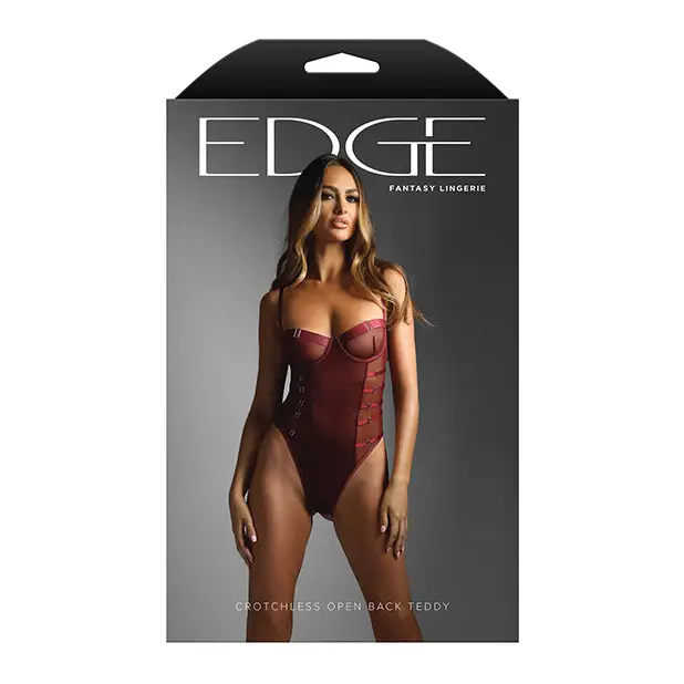 Edge Crotchless Underwire Mesh Teddy w/ Strappy Open Back - Burgundy M/L - Lingerie - Packaged