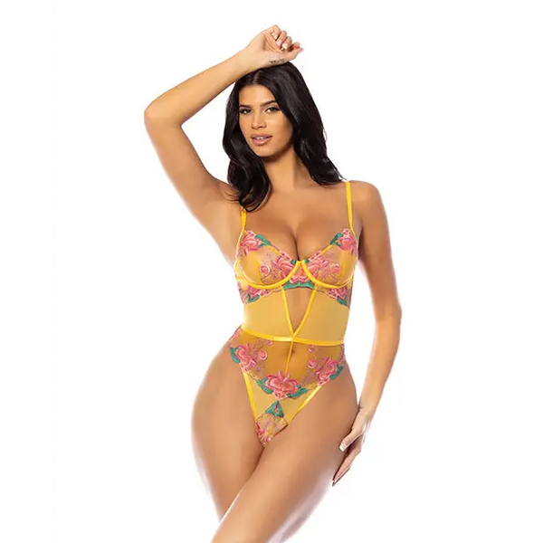 Elisabeth Unlined Underwire Embroidered Teddy - Yellow LG - Lingerie - Hanging
