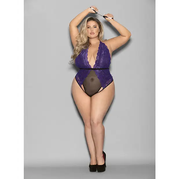 Euphoria Halter Lace & Mesh Teddy w/Wrist Restraints Purple/Black QN - Lingerie - Plus/Queen - Packaged