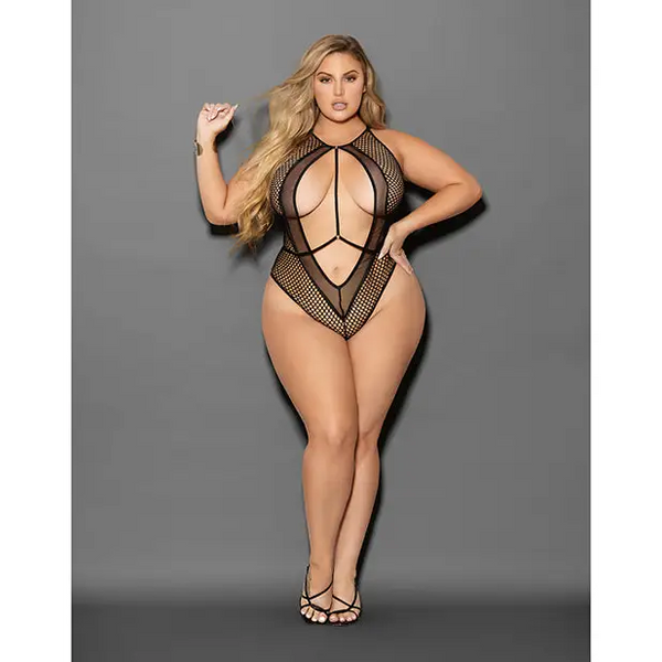 Euphoria Large Fishnet & Mesh Teddy Black QN - Lingerie - Plus/Queen - Packaged