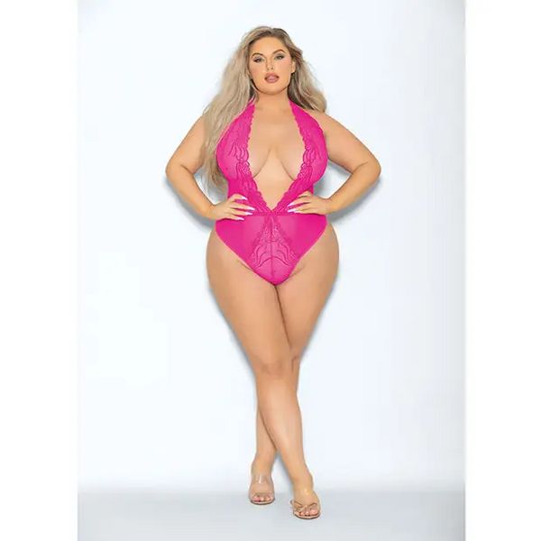 Euphoria Neon Deep V Teddy Neon Pink QN - Lingerie - Plus/Queen - Packaged